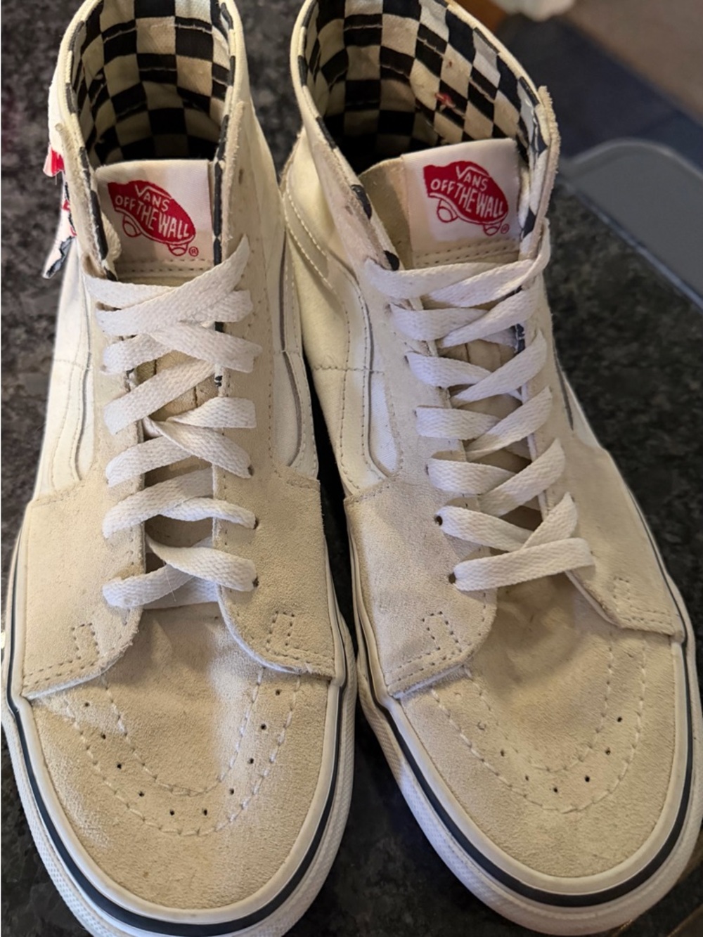 Vans Men’s High-Top Sneakers in Cream with Checkerboard Lining